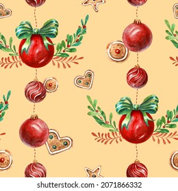 Seamless pattern. Christmas decor. Can be used as a background, wrapping paper, cover, fabric, etc. Seamless pattern with watercolor Christmas illustrations. Traditional elements for your design