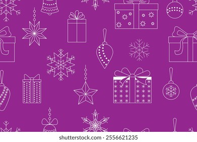 Seamless pattern with Christmas decor. Gift boxes, Christmas decorations, snowflakes. Vector