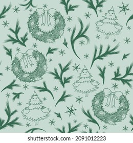 Patrón inmaculado con decoración navideña. Fondo monocromo para tu diseño. Patrón para tela, textil, papel pintado, embalaje.
