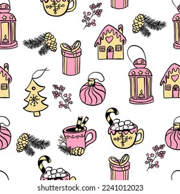 Seamless pattern of Christmas decor and objects