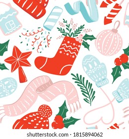 Seamless pattern with Christmas decor on wite background
