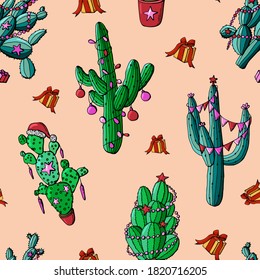 Patrón inmaculado de cactus decorados en Navidad. Diseño de papel pintado, empaque, tela, textil, papel envolvente.