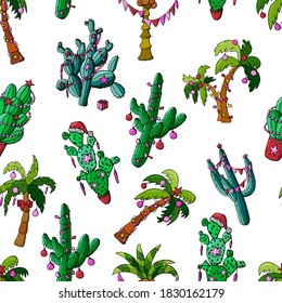 Seamless pattern of Christmas decorated cacti and palm trees. White background, isolate. Design for wallpaper, packaging, fabric, textile, wrapping paper.	