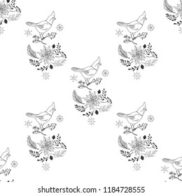 Seamless Pattern Christmas Decoration with Bird and Poinsettia. Hand drawn sketches. Vector Illustration