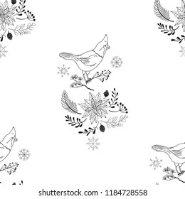 Seamless Pattern Christmas Decoration with Bird and Poinsettia. Hand drawn sketches. Vector Illustration
