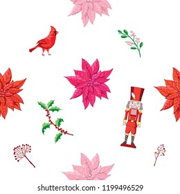 Seamless Pattern Christmas Decoration with Bird, Poinsettia and Nutcracker. Hand drawn sketches. Vector Illustration
