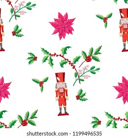 Seamless Pattern Christmas Decoration with Bird, Poinsettia and Nutcracker. Hand drawn sketches. Vector Illustration