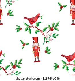 Seamless Pattern Christmas Decoration with Bird, Poinsettia and Nutcracker. Hand drawn sketches. Vector Illustration