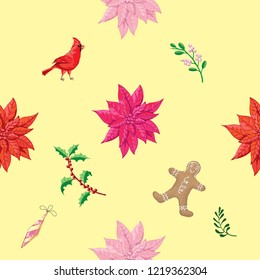 Seamless Pattern Christmas Decoration with Bird, Poinsettia and Gingerbread Cookies. Hand drawn sketches. Vector Illustration