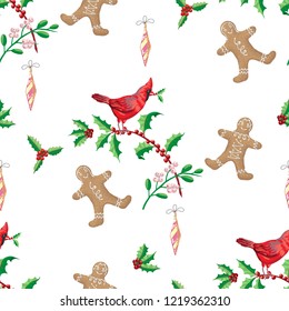 Seamless Pattern Christmas Decoration with Bird, Poinsettia and Gingerbread Cookies. Hand drawn sketches. Vector Illustration