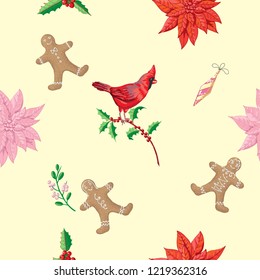 Seamless Pattern Christmas Decoration with Bird, Poinsettia and Gingerbread Cookies. Hand drawn sketches. Vector Illustration