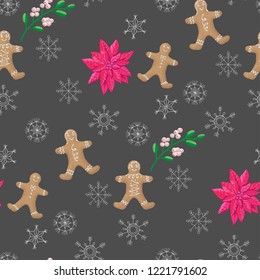 Seamless Pattern Christmas Decoration with Bird, Poinsettia and Gingerbread Cookies. Hand drawn sketches. Vector Illustration