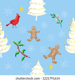 Seamless Pattern Christmas Decoration with Bird, Poinsettia and Gingerbread Cookies. Hand drawn sketches. Vector Illustration