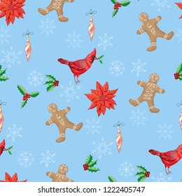 Seamless Pattern Christmas Decoration with Bird, Poinsettia and Gingerbread Cookies. Hand drawn sketches. Vector Illustration