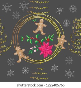 Seamless Pattern Christmas Decoration with Bird, Poinsettia and Gingerbread Cookies. Hand drawn sketches. Vector Illustration
