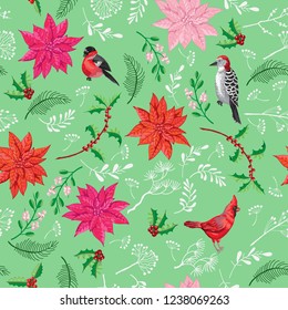 Seamless Pattern Christmas Decoration with Bird and Poinsettia. Hand drawn sketches. Vector Illustration