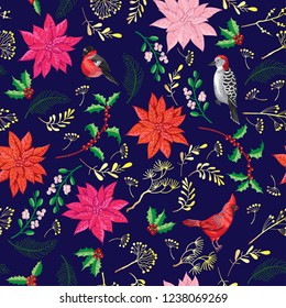 Seamless Pattern Christmas Decoration with Bird and Poinsettia. Hand drawn sketches. Vector Illustration