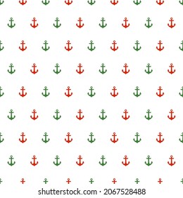 Seamless pattern with Christmas decoration. Green and red anchors pattern.