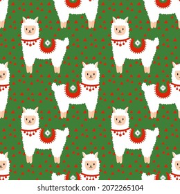 Seamless pattern with Christmas decoration. Green and red alpaca pattern.
