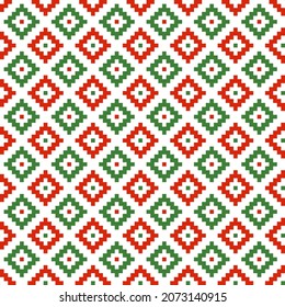 Seamless pattern with Christmas decoration. Green and red kilim pattern.