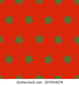 Patrón sin foco con decoración navideña. Estrellas verdes de fondo rojo.