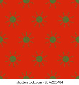Nahtloses Muster mit Weihnachtsdekoration. Grüne Sonne mit rotem Hintergrund.
