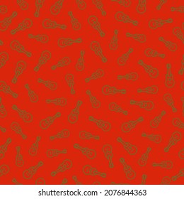 Seamless pattern with Christmas decoration. Green ukulele on red background.