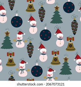 Seamless pattern, Christmas decoration, grey background, balls, snowflakes, stars, festive decor, New Year, vector