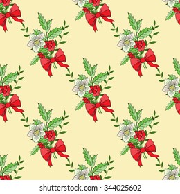 Seamless pattern with Christmas decoration. Hand drawn bouquet elements with poinsettia,  mistletoe and bow. Vector  Illustration