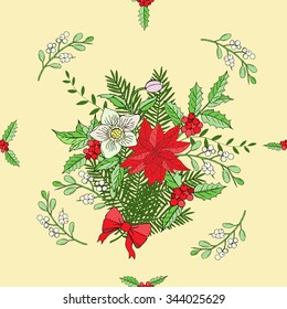 Seamless pattern with Christmas decoration. Hand drawn bouquet elements with poinsettia,  mistletoe and bow. Vector  Illustration