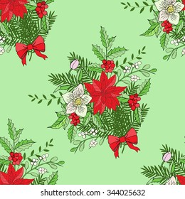 Seamless pattern with Christmas decoration. Hand drawn bouquet elements with poinsettia,  mistletoe and bow. Vector  Illustration