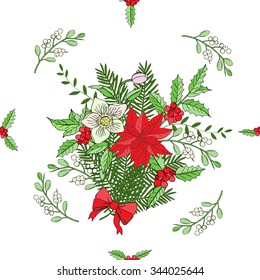 Seamless pattern with Christmas decoration. Hand drawn bouquet elements with poinsettia,  mistletoe and bow. Vector  Illustration