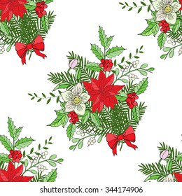 Seamless pattern with Christmas decoration. Hand drawn bouquet elements with poinsettia,  mistletoe and bow. Vector  Illustration