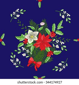 Seamless pattern with Christmas decoration. Hand drawn bouquet elements with poinsettia,  mistletoe and bow. Vector  Illustration