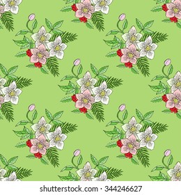 Seamless pattern with Christmas decoration. Hand drawn bouquet elements with poinsettia,  mistletoe and bow. Vector  Illustration