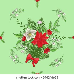 Seamless pattern with Christmas decoration. Hand drawn bouquet elements with poinsettia,  mistletoe and bow. Vector  Illustration