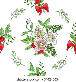 Seamless pattern with Christmas decoration. Hand drawn bouquet elements with poinsettia,  mistletoe and bow. Vector  Illustration