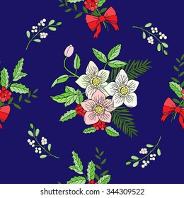 Seamless pattern with Christmas decoration. Hand drawn bouquet elements with poinsettia,  mistletoe and bow. Vector  Illustration