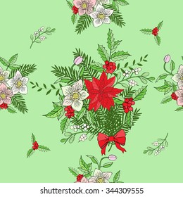Seamless pattern with Christmas decoration. Hand drawn bouquet elements with poinsettia,  mistletoe and bow. Vector  Illustration