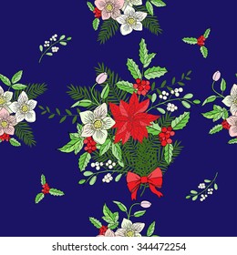 Seamless pattern with Christmas decoration. Hand drawn bouquet elements with poinsettia,  mistletoe and bow. Vector  Illustration