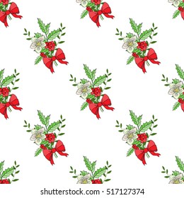 Seamless pattern with Christmas decoration. Hand drawn bouquet elements with poinsettia,  mistletoe and bow. Vector  Illustration