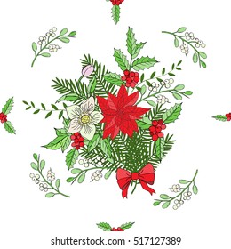Seamless pattern with Christmas decoration. Hand drawn bouquet elements with poinsettia,  mistletoe and bow. Vector  Illustration