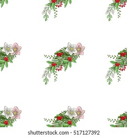 Seamless pattern with Christmas decoration. Hand drawn bouquet elements with poinsettia,  mistletoe and bow. Vector  Illustration