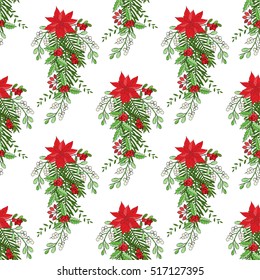 Seamless pattern with Christmas decoration. Hand drawn bouquet elements with poinsettia,  mistletoe and bow. Vector  Illustration