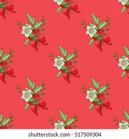 Seamless pattern with Christmas decoration. Hand drawn bouquet elements with poinsettia,  mistletoe and bow. Vector  Illustration