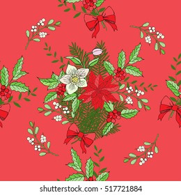 Seamless pattern with Christmas decoration. Hand drawn bouquet elements with poinsettia,  mistletoe and bow. Vector  Illustration