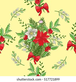 Seamless pattern with Christmas decoration. Hand drawn bouquet elements with poinsettia,  mistletoe and bow. Vector  Illustration