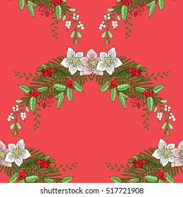 Seamless pattern with Christmas decoration. Hand drawn bouquet elements with poinsettia,  mistletoe and bow. Vector  Illustration