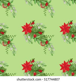 Seamless pattern with Christmas decoration. Hand drawn bouquet elements with poinsettia,  mistletoe and bow. Vector  Illustration