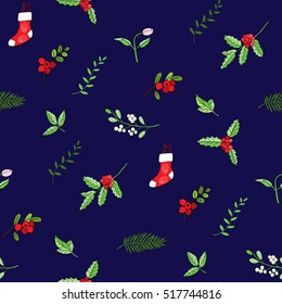 Seamless pattern with Christmas decoration. Hand drawn bouquet elements with poinsettia,  mistletoe and bow. Vector  Illustration